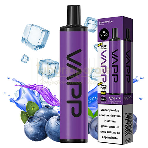 Mini narghilea portabila de unica folosinta cu 800 pufuri si aroma de afine racoritoare VAPP Blueberry Ice (20 mg)